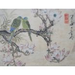 A pair of Japanese watercolours on silk and an painted print of a lady, largest 43x29cm