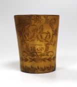 Folk Art - an engraved pictorial and inscribed ox horn tumbler, dated 1800, 7.5cms high