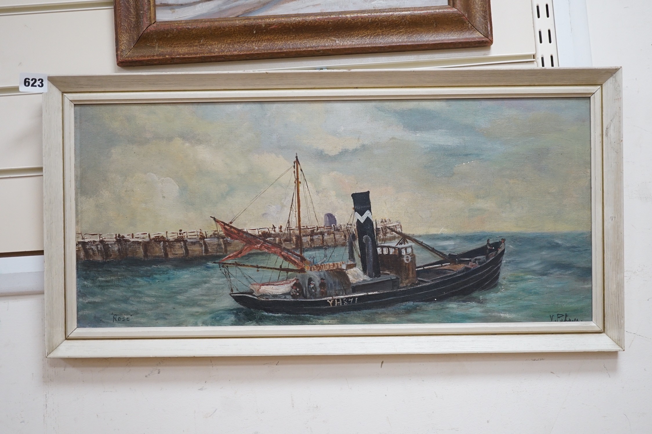 V. Pulmer, oil on board, Yarmouth fishing boat 'Rose' leaving harbour, signed, 26 x 59cm - Image 2 of 3
