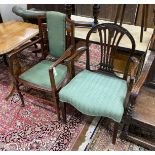 A George III mahogany inlaid elbow chair and an Edwardian mahogany elbow chair