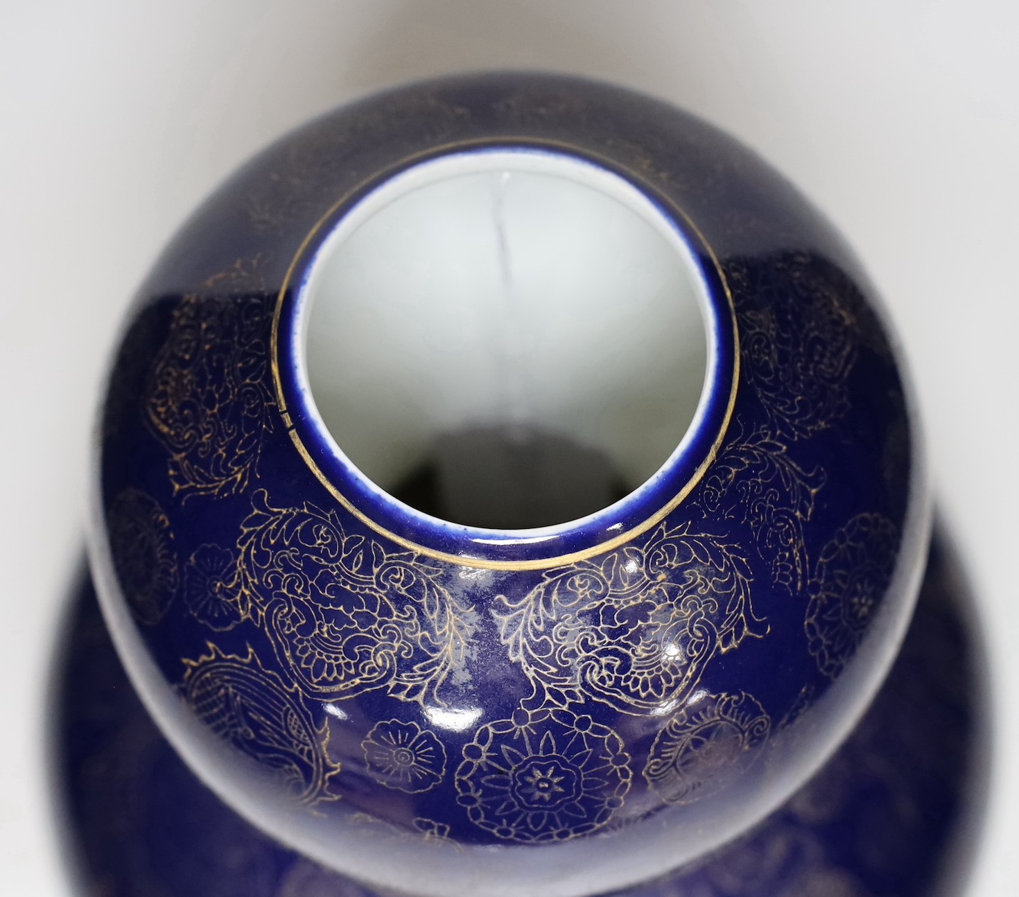 A large Chinese gilt decorated blue glazed double gourd vase, 31cm - Image 4 of 5