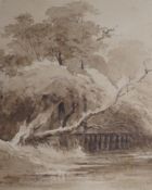 Circle of John Crome (1768-1821), monochrome watercolour, Trees beside a river, bears signature