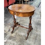 A Victorian oval marquetry inlaid walnut work table (missing basket), width 56cm, depth 42cm, height