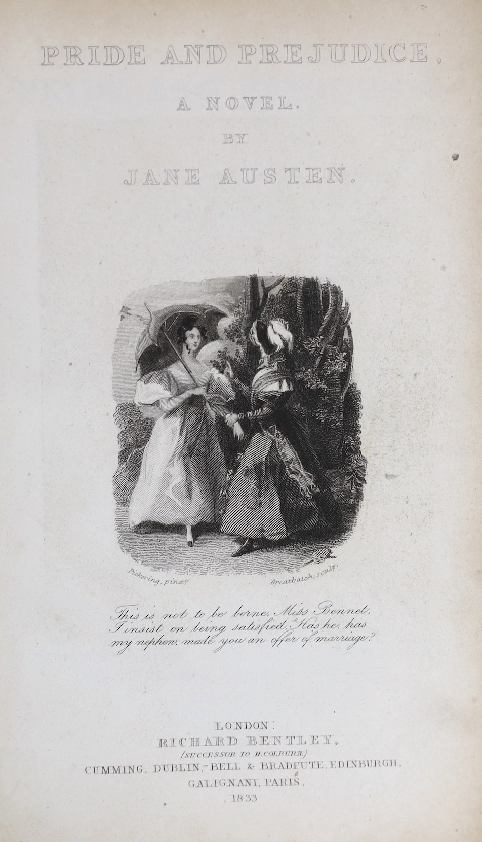 ° ° Austen, Jane - Pride and Prejudice. A Novel. First Collected Edition. pictorial engraved and