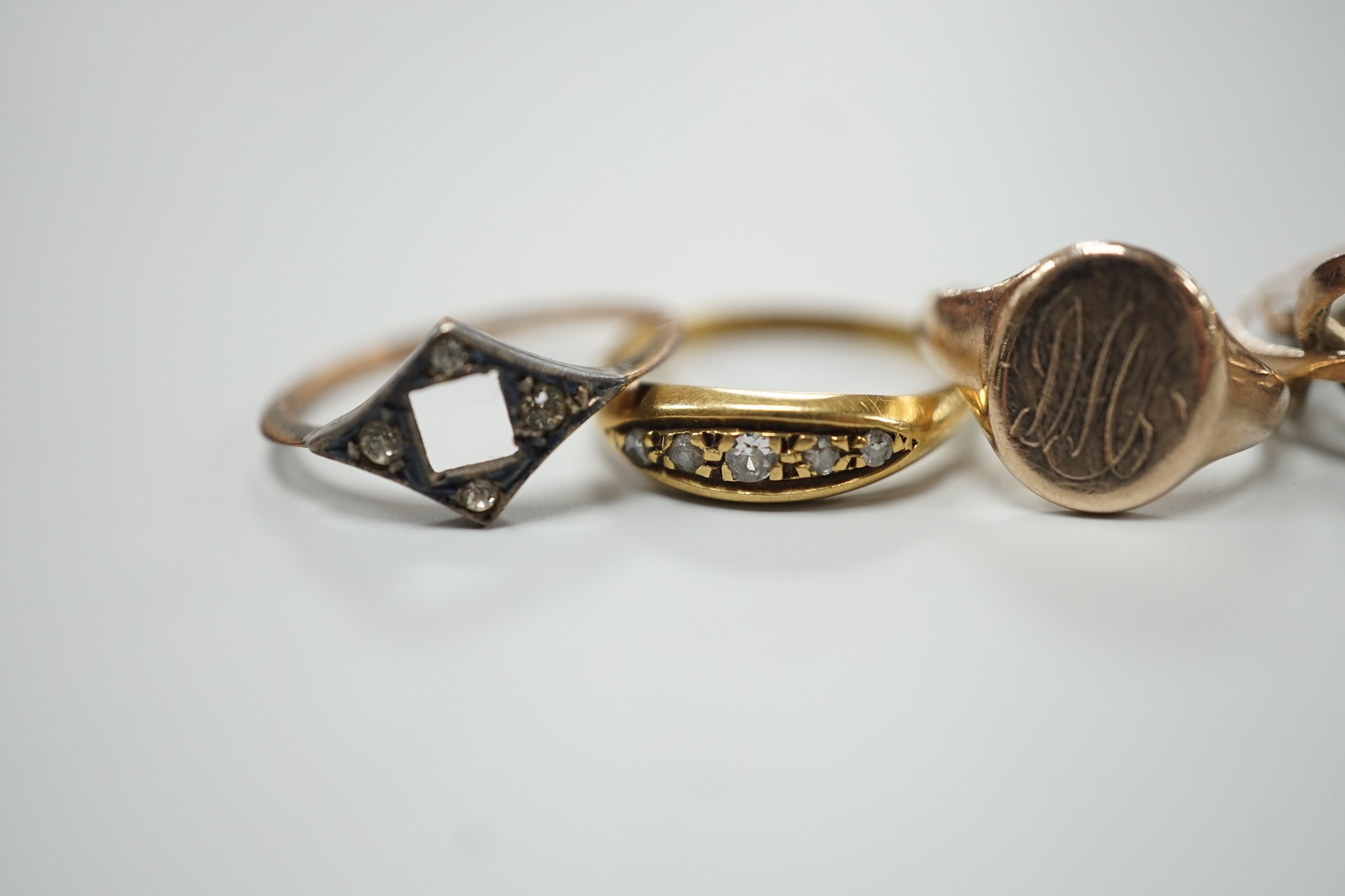 An 18ct gold and five stone diamond chip set ring, size L, gross 2.7 grams, two 9ct rings - Image 2 of 6