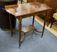 An Edwardian rosewood and marquetry inlaid centre table, width 84cm, depth 44cm, height 71cm