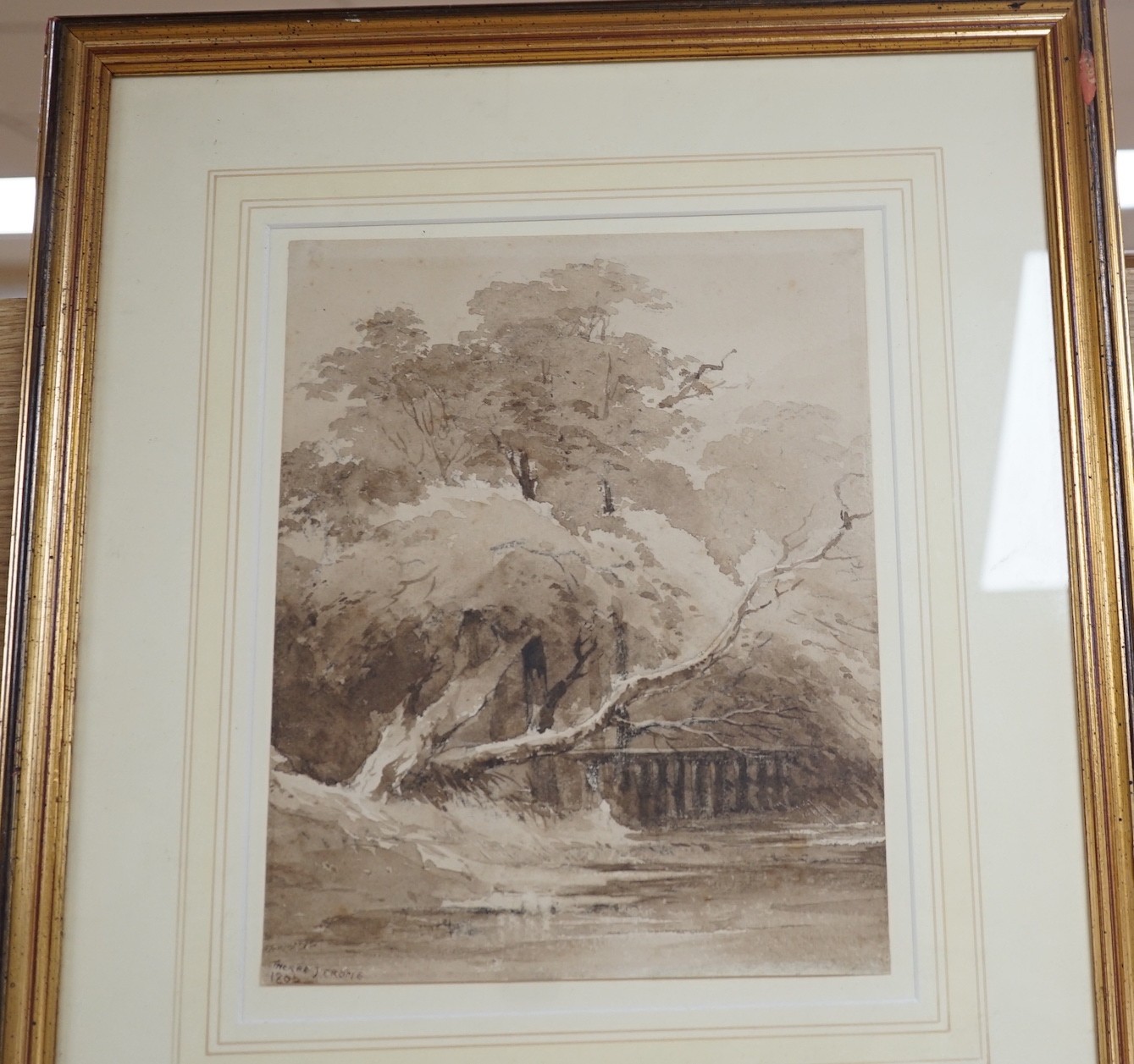 Circle of John Crome (1768-1821), monochrome watercolour, Trees beside a river, bears signature - Image 2 of 4