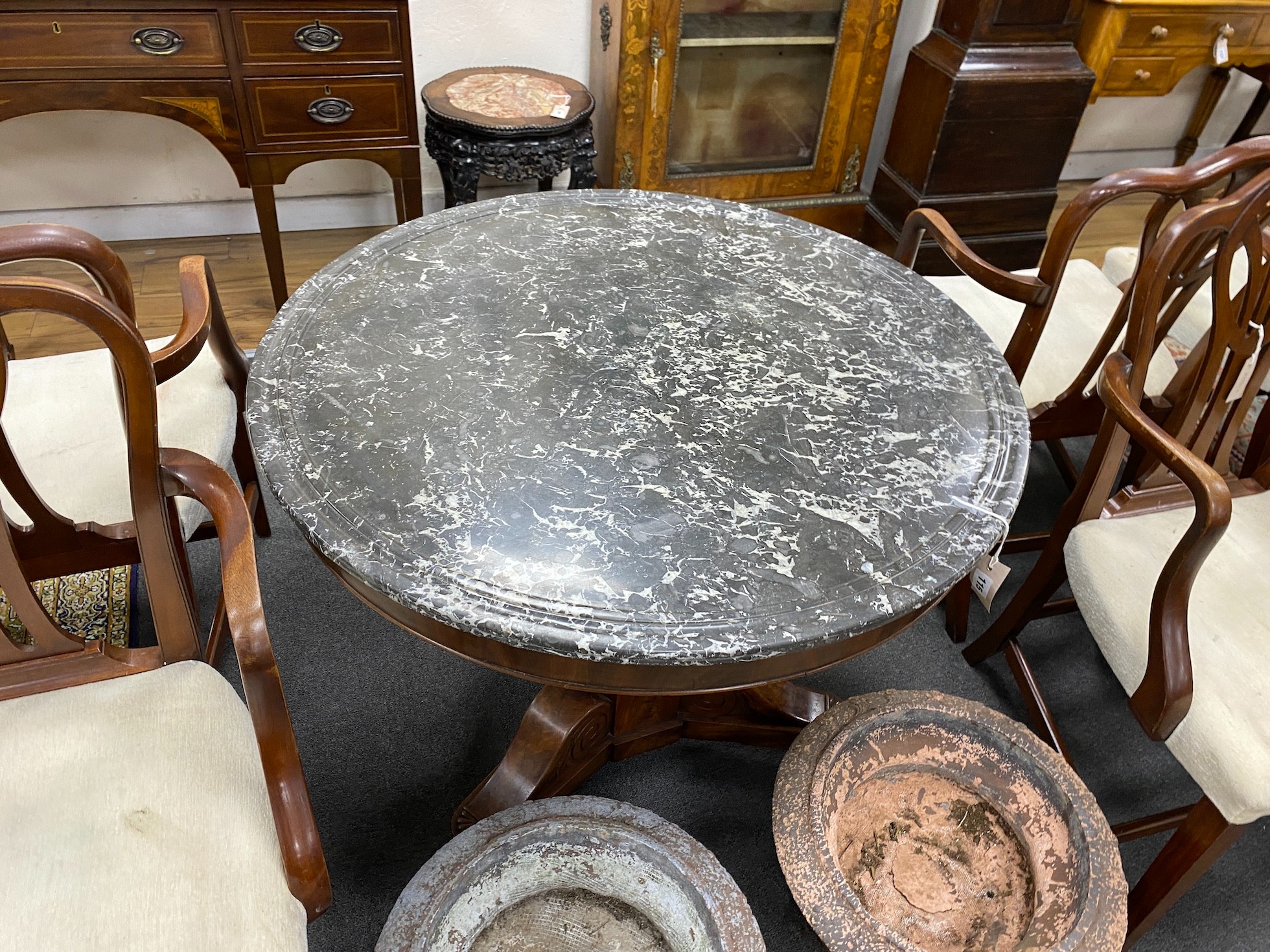 A French Empire style circular mahogany marble topped centre table, diameter 89cm, height 74cm - Image 2 of 2