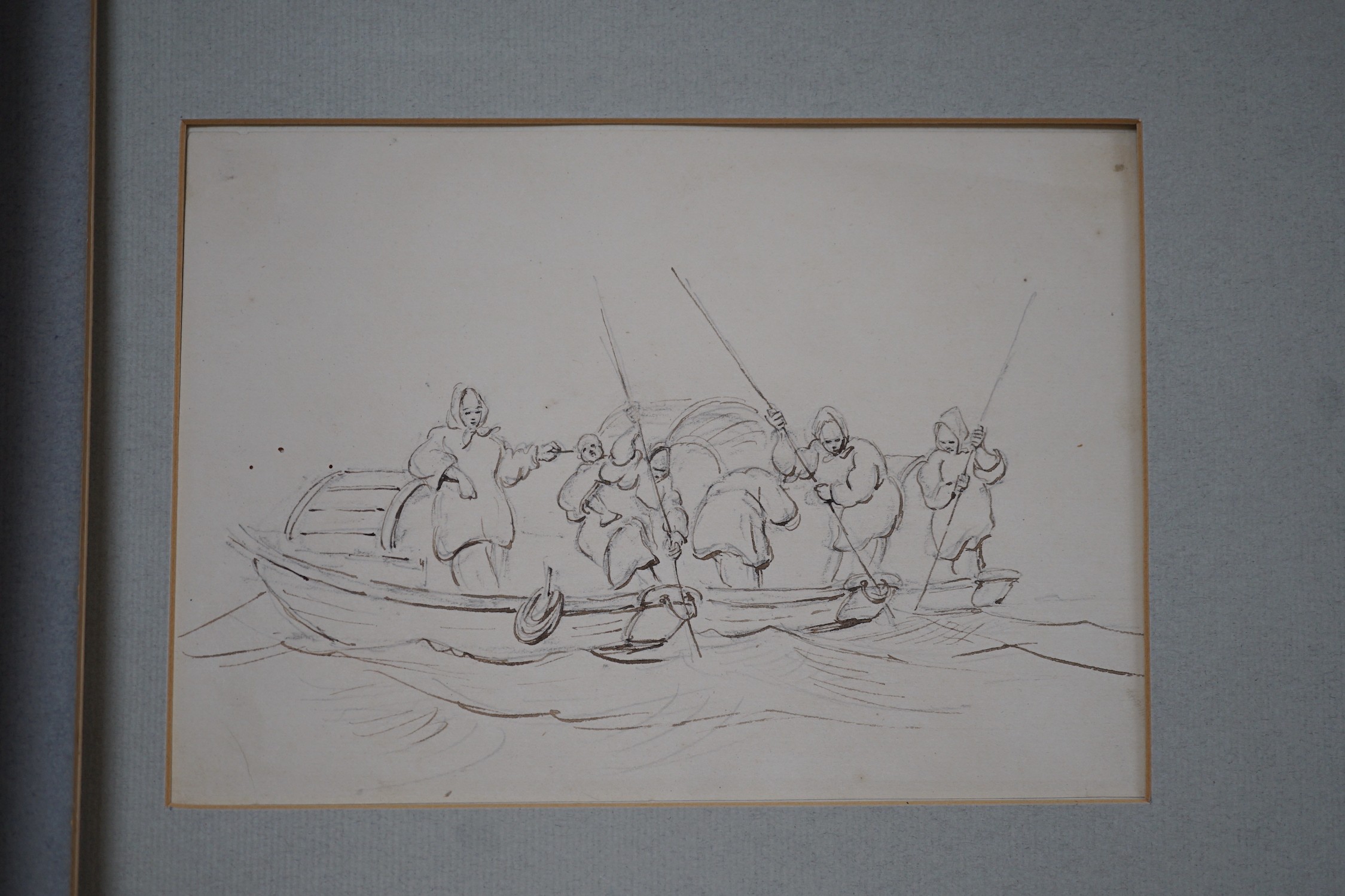 Manner of George Chinnery (1774-1852), six pen and ink drawings, Studies of boatmen, a junk and - Image 3 of 7