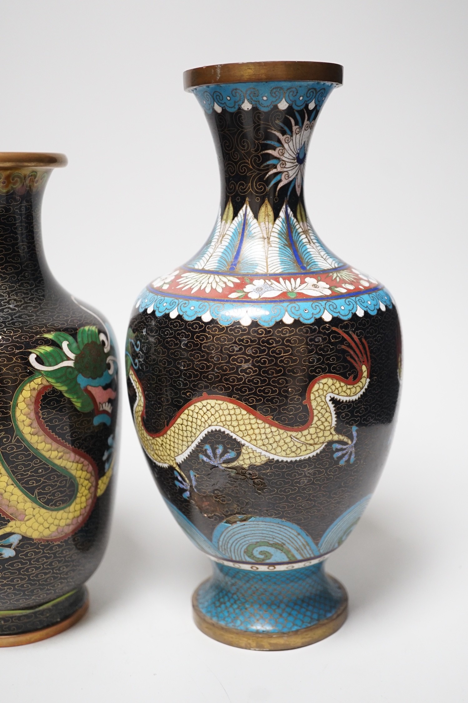 Three Chinese cloisonné enamel vases and a small bronze censer, Tallest 26cm - Image 9 of 10