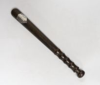 A George V sterling mounted hardwood truncheon with engraved dedication 'Presented to Special