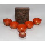 A Chinese rectangular lacquer box, five bowls and an egg shaped box, box 22cms wide x 17cms deep