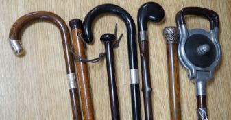 Four silver mounted walking canes, a malacca cane, a carved hardwood cane and a shooting stick (7)