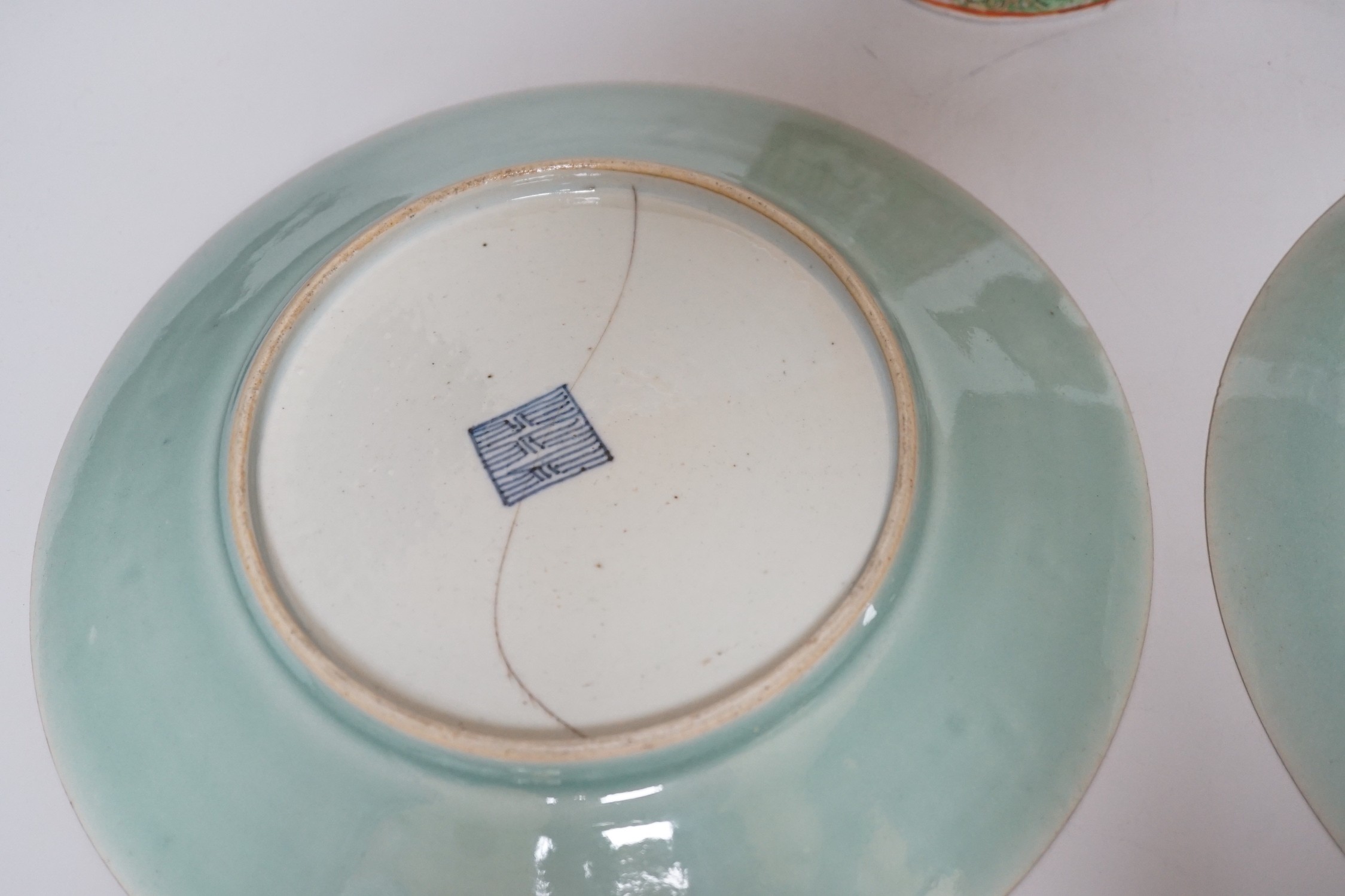 A pair of Chinese celadon ground famille rose plates, a Chinese famille rose tea pot and a bronze - Image 3 of 11