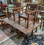 A rectangular stained teak slatted garden table, length 180cm, depth 90cm, height 70cm, together