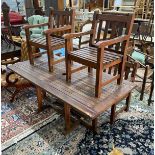 A rectangular stained teak slatted garden table, length 180cm, depth 90cm, height 70cm, together