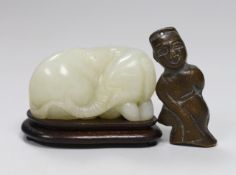 Chinese white jade carving of a monkey and elephant, with wooden stand - 8cms wide and a Chinese