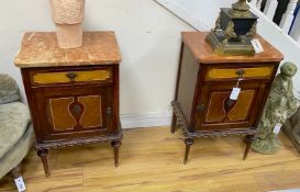 A pair of early 20th century French marble top bedside cabinets, width 44cm, depth 33cm, height