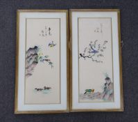Chinese School, mid 20th century, pair of paintings on silk, birds amongst nature, inscribed, 43 x