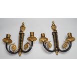 A pair of ormolu 2 branch wall lights, 32cms high