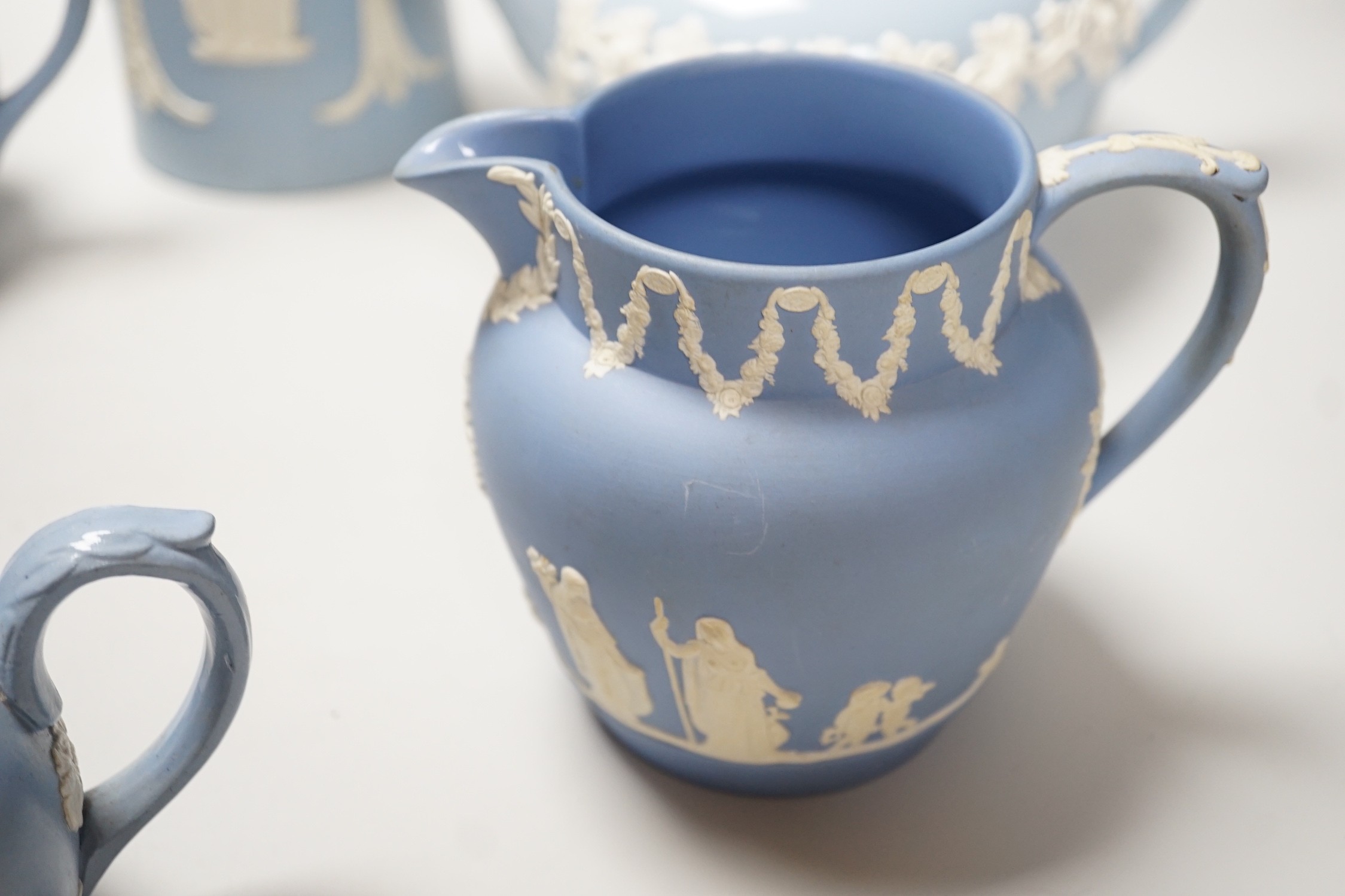 A group of Wedgwood and Wedgwood style jasperware teapots and jugs. - Image 6 of 9