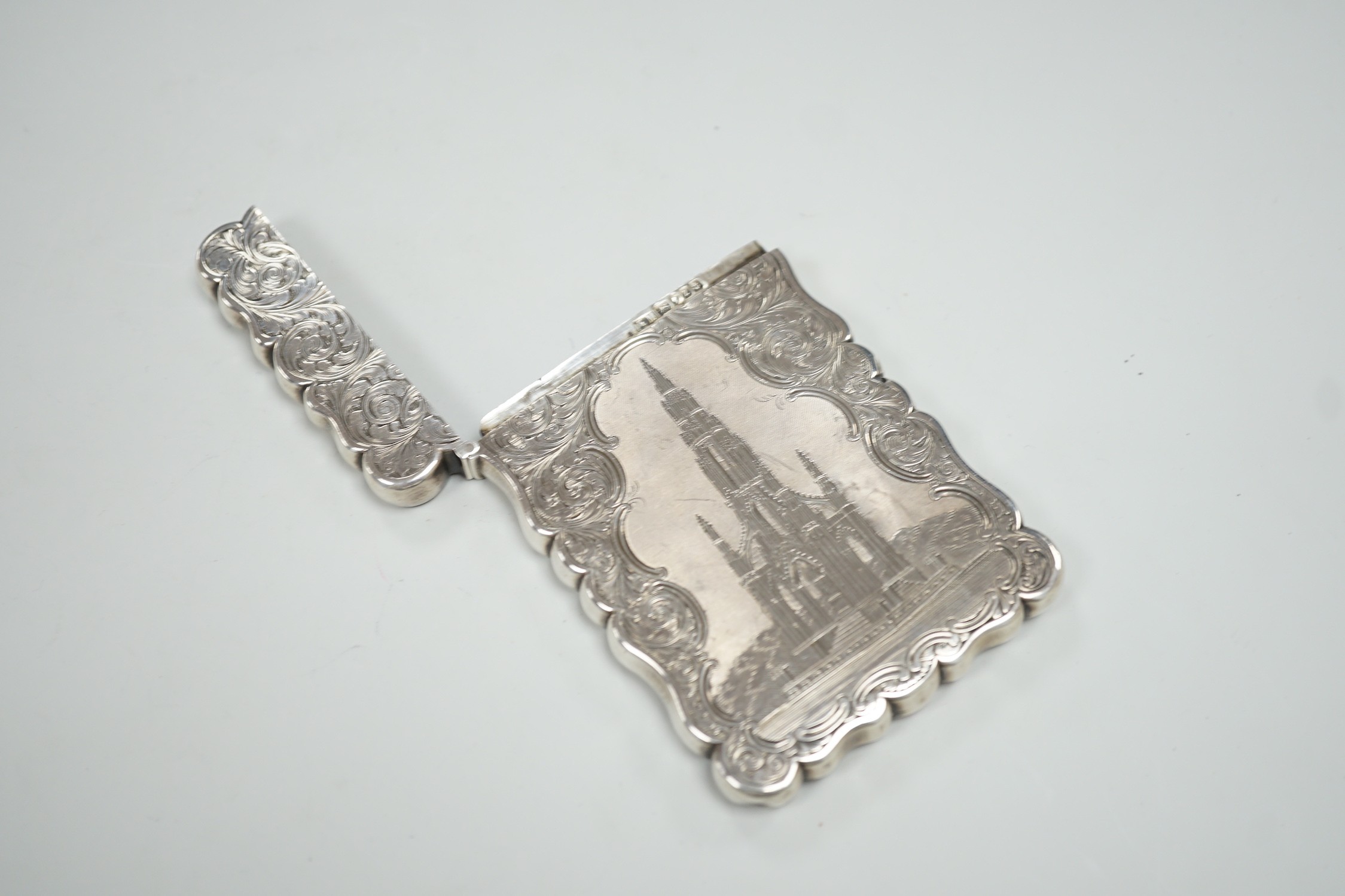 A Victorian silver card case by Nathaniel Mills, the front panel engraved with The Scott Memorial, - Image 3 of 4