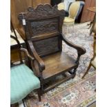 An 18th century and later carved oak wainscot chair, width 77cm, depth 65cm, height 120cm