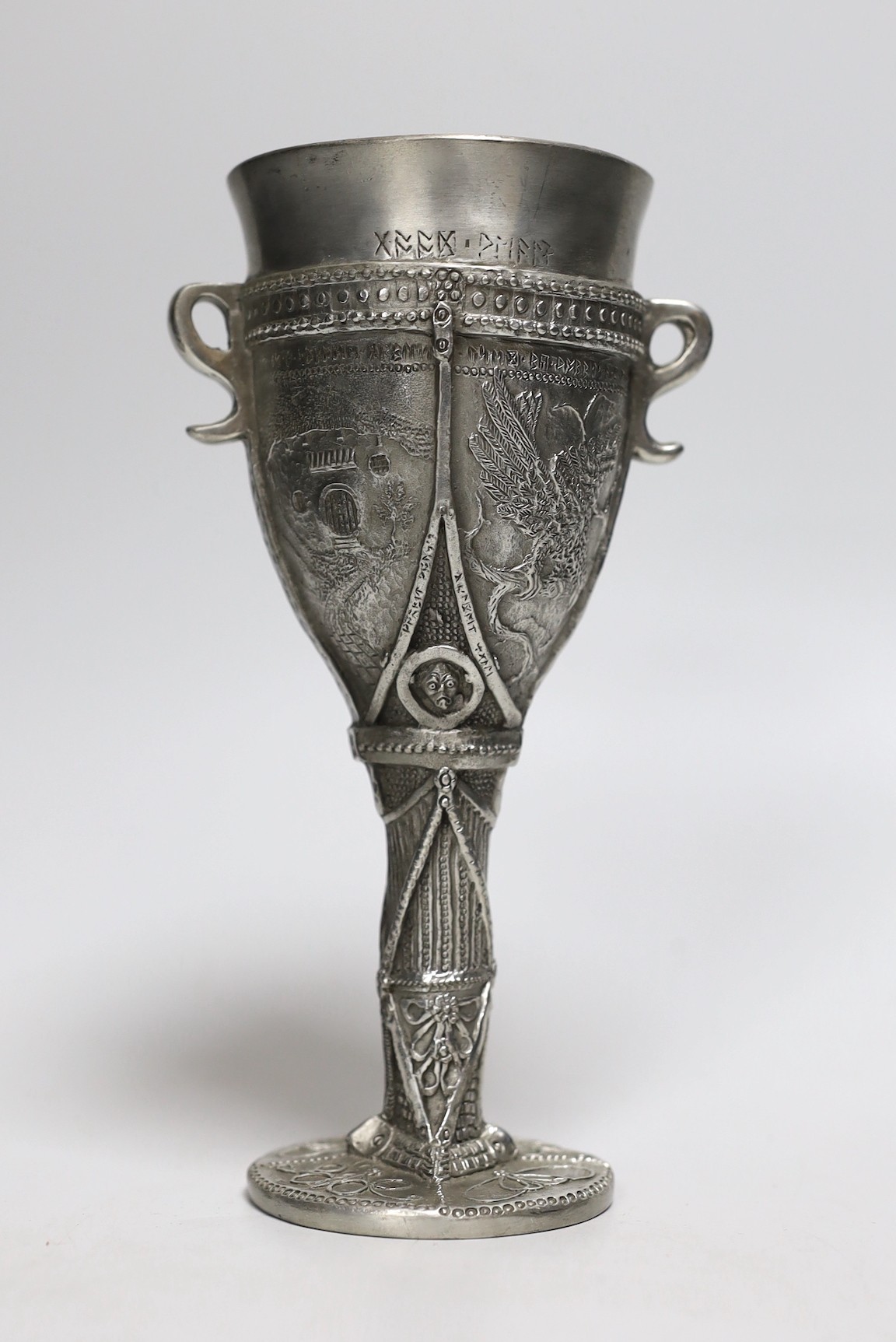 A Selangor cast pewter ‘Hobbit’ goblet inspired by Tolkien’s Lord of the Rings, 18.5cms high - Image 3 of 5