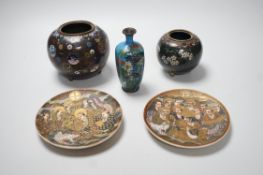 Three Japanese cloisonné enamel vases and two Satsuma saucers, Meiji period, tallest 12cm