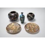 Three Japanese cloisonné enamel vases and two Satsuma saucers, Meiji period, tallest 12cm