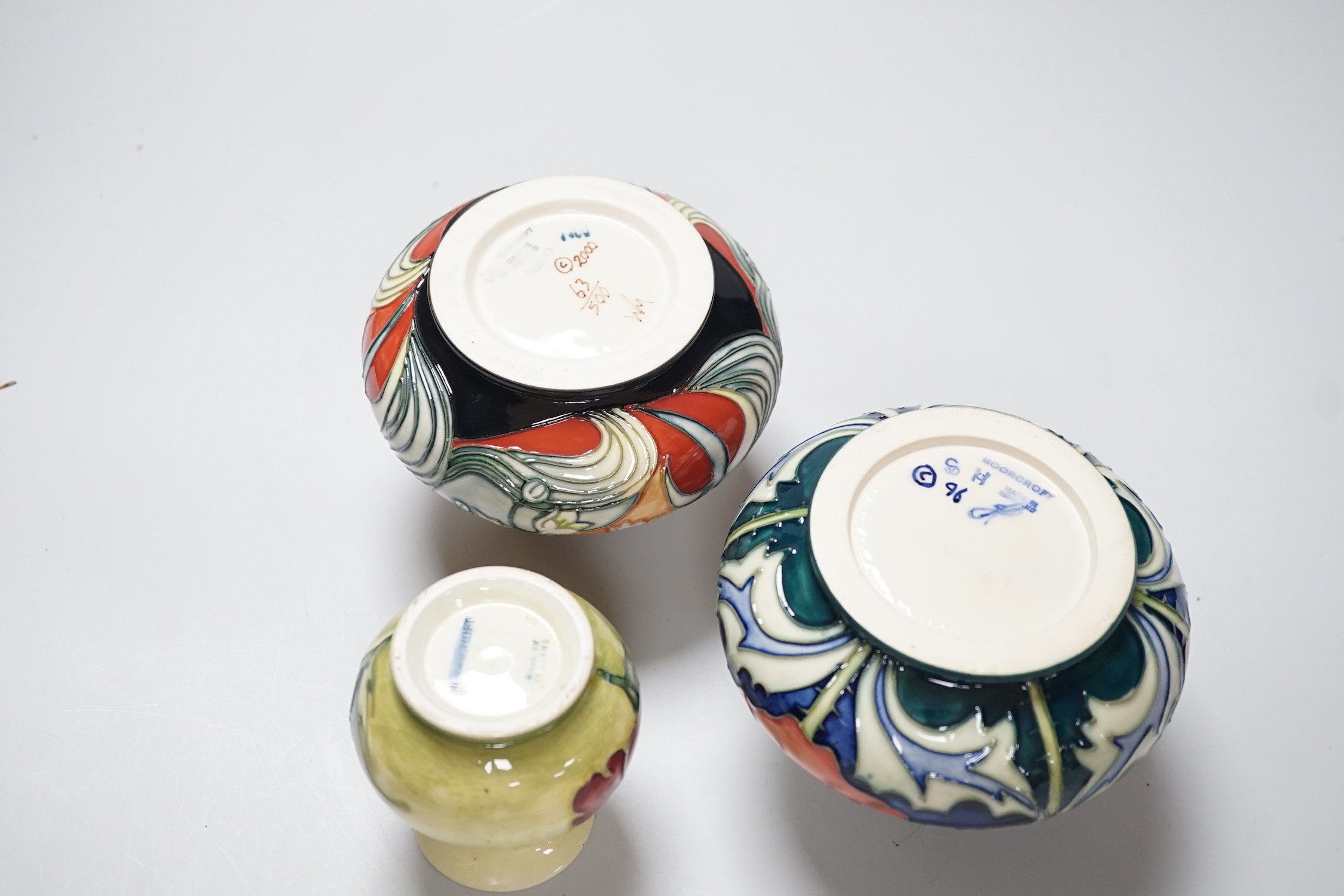 Three Moorcroft vases, in Poppy, Hibiscus and Tulip designs, tallest 10.5 cm, one boxed - Image 5 of 5