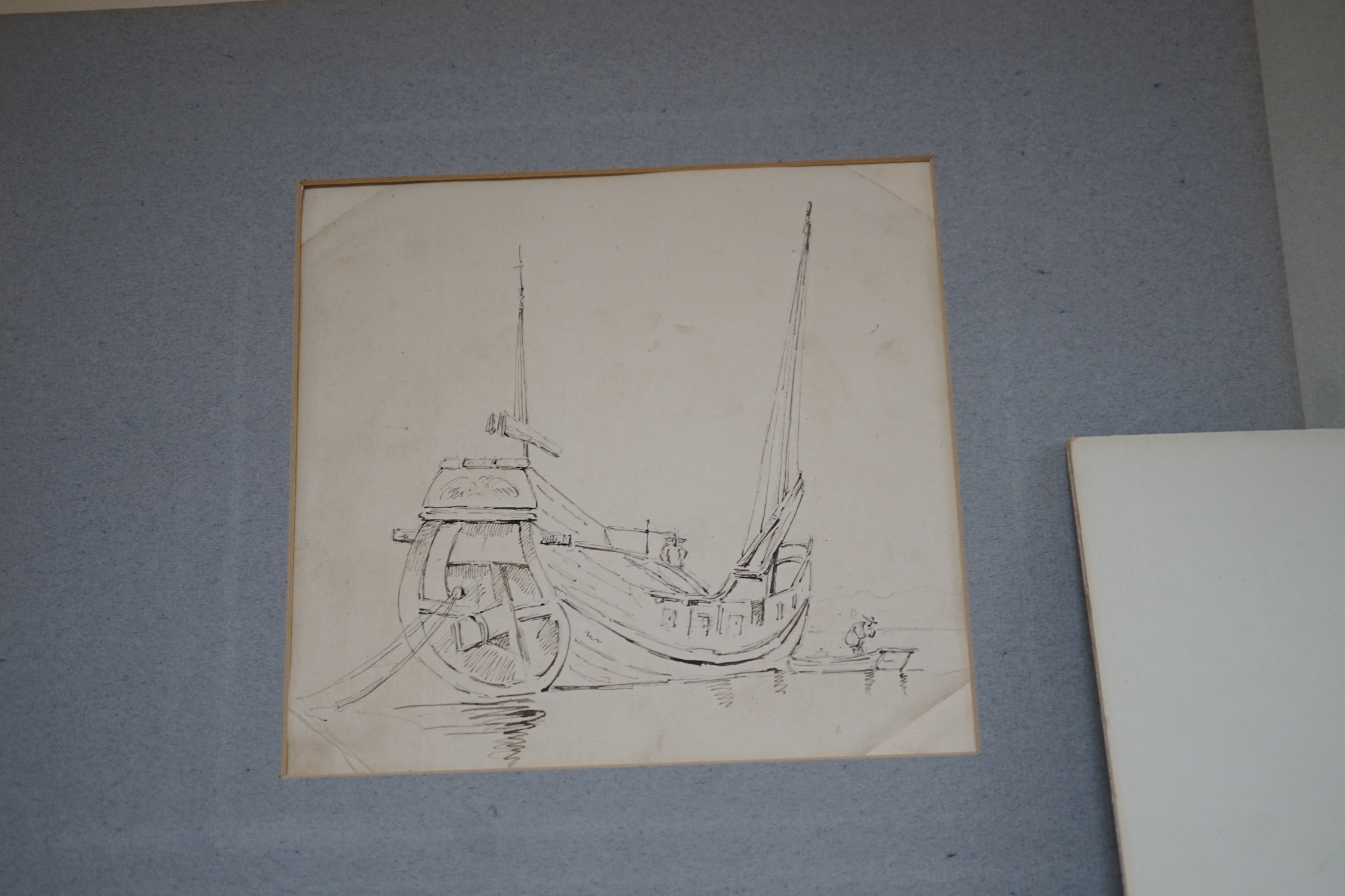 Manner of George Chinnery (1774-1852), six pen and ink drawings, Studies of boatmen, a junk and - Image 7 of 7