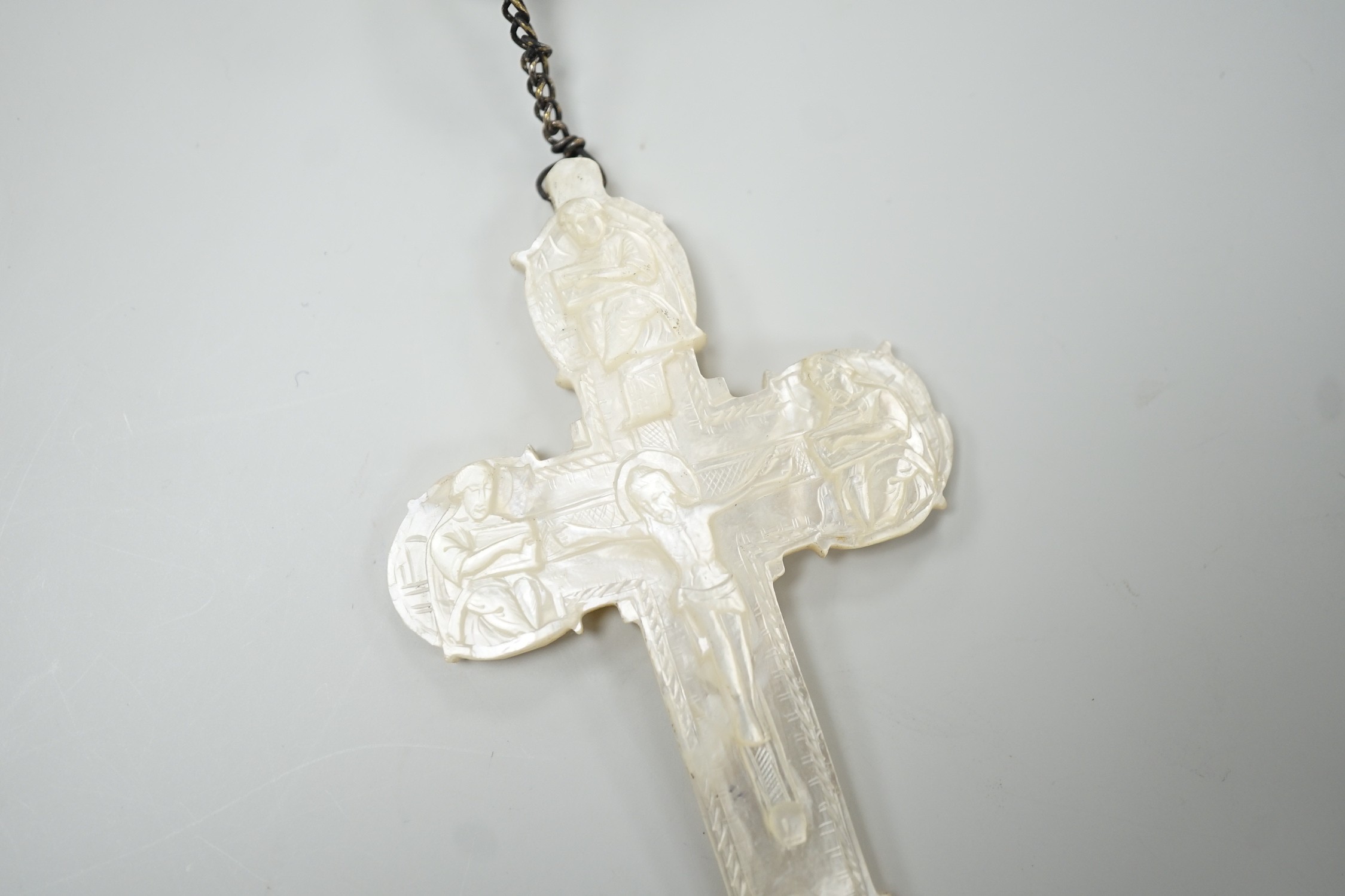 A long mother of pearl multi bead necklace, 158cm, with carved mother of pearl crucifix pendant, - Image 2 of 8