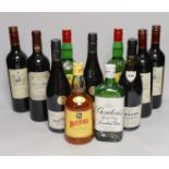A quantity wine and spirits including Fleurie, Pommard, El Coto Rioja, Chateau D’Aydie, Gordons, J&B