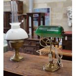 A Victorian style brass reading lamp with green glass shade, height 39cm together with a brass and