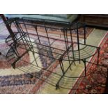 A Victorian style painted wrought iron framed three section pot stand, width 218cm, depth 60cm,