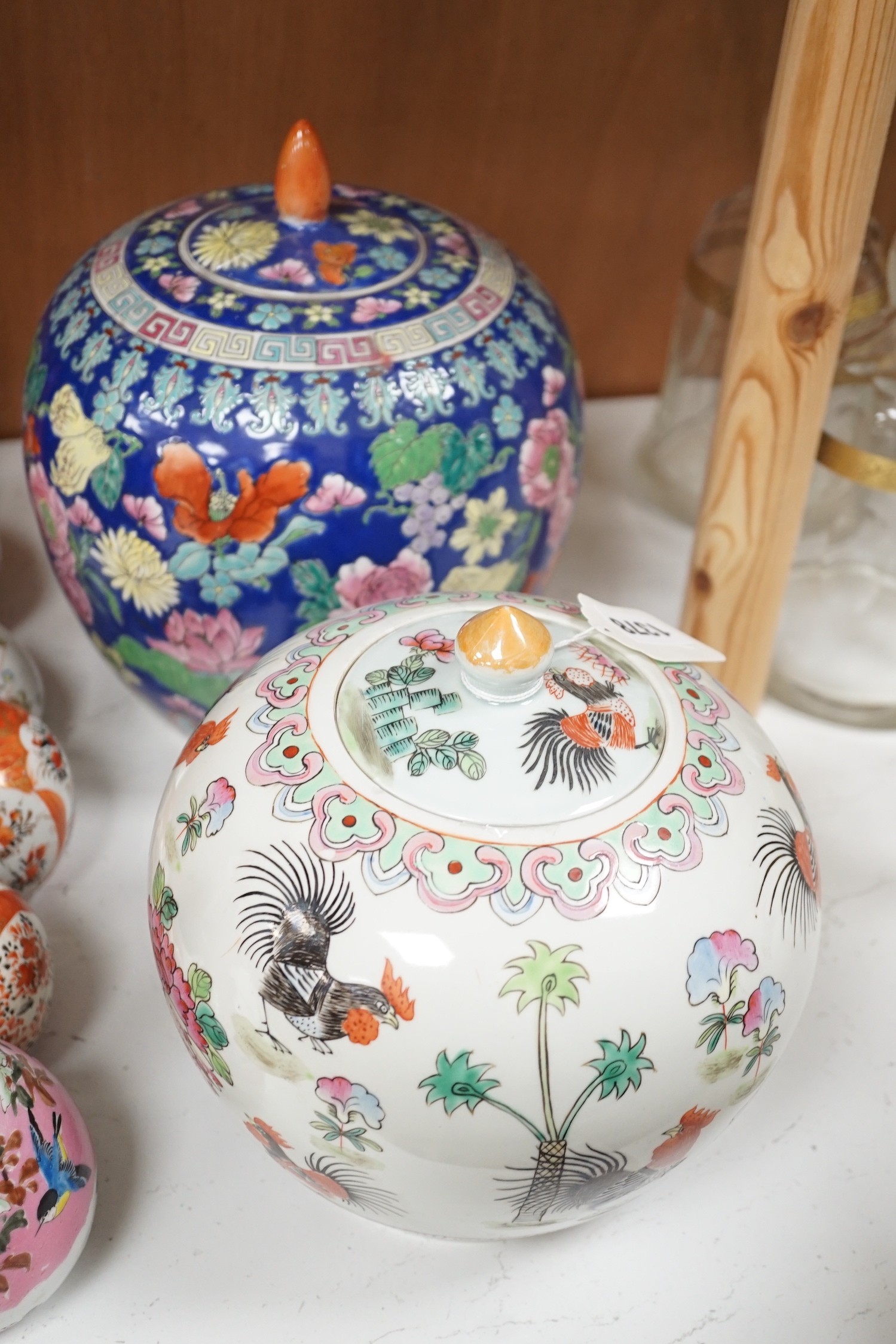 6 Japanese Kutani porcelain bottle vases together with two Chinese famille rose jars and covers, - Image 7 of 7