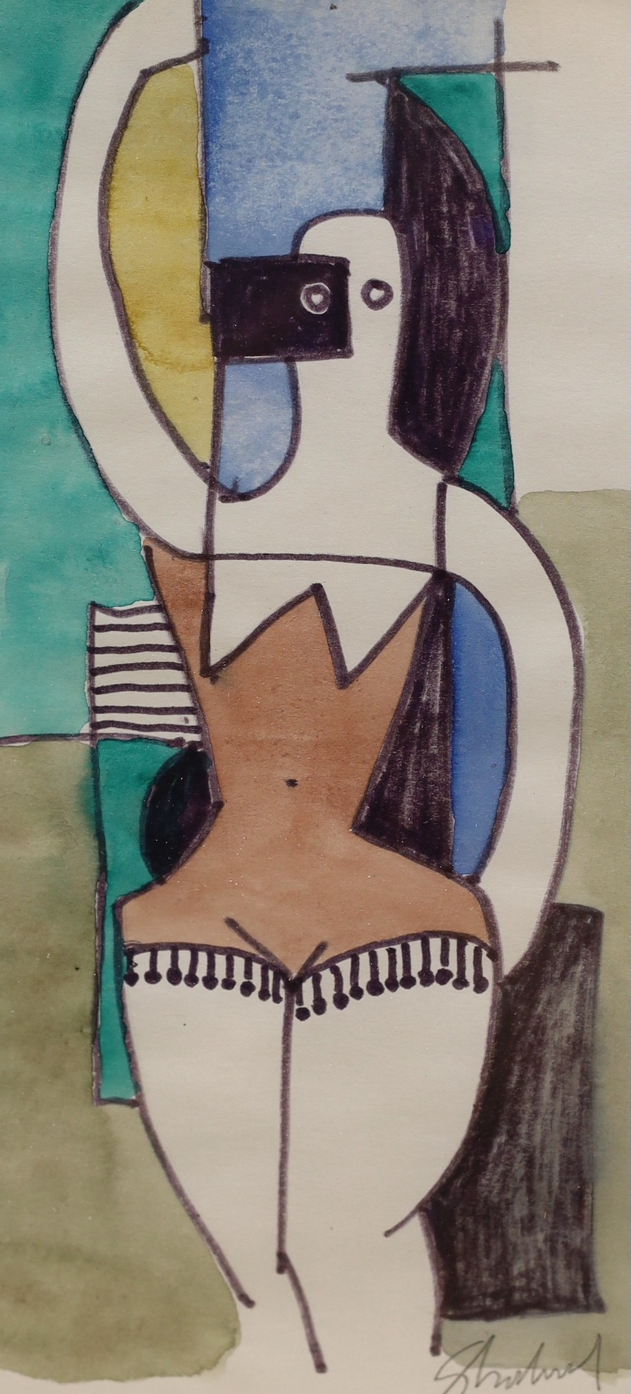 Sidney Horne Shepherd (1909-1993), ink and watercolour, abstract Woman in a bathing suit, signed, 22