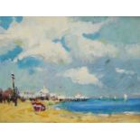 Modern British, oil on board, Beach scene with pier in the distance, 39 x 50cm