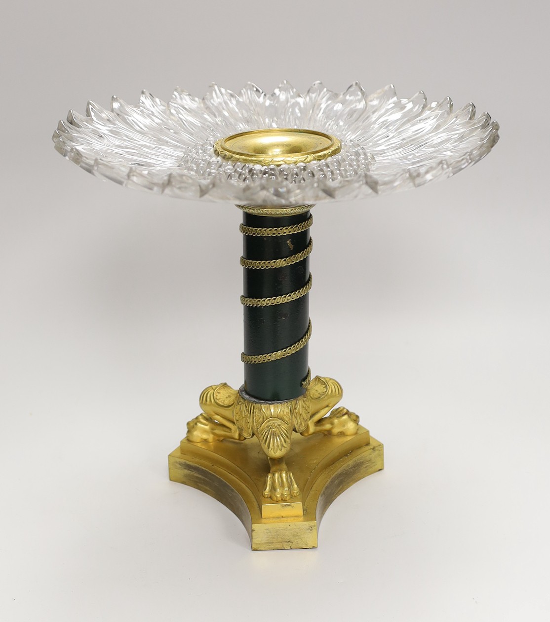 An Empire style ormolu and press moulded glass ‘sunflower’ comport, 26cms high