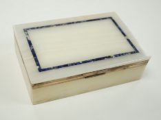 A George V silver mounted, lapis lazuli banded white onyx rectangular cigarette box, George