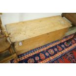 An early 19th century pine six plank coffer, length 115cm, depth 38cm, height 51cm
