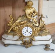 A 19th century French neoclassical revival figural ormolu and white marble clock, 39cm tall
