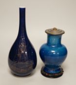 A Chinese blue glazed gilt decorated vase and a blue glazed table lamp base on stand, tallest 25cm