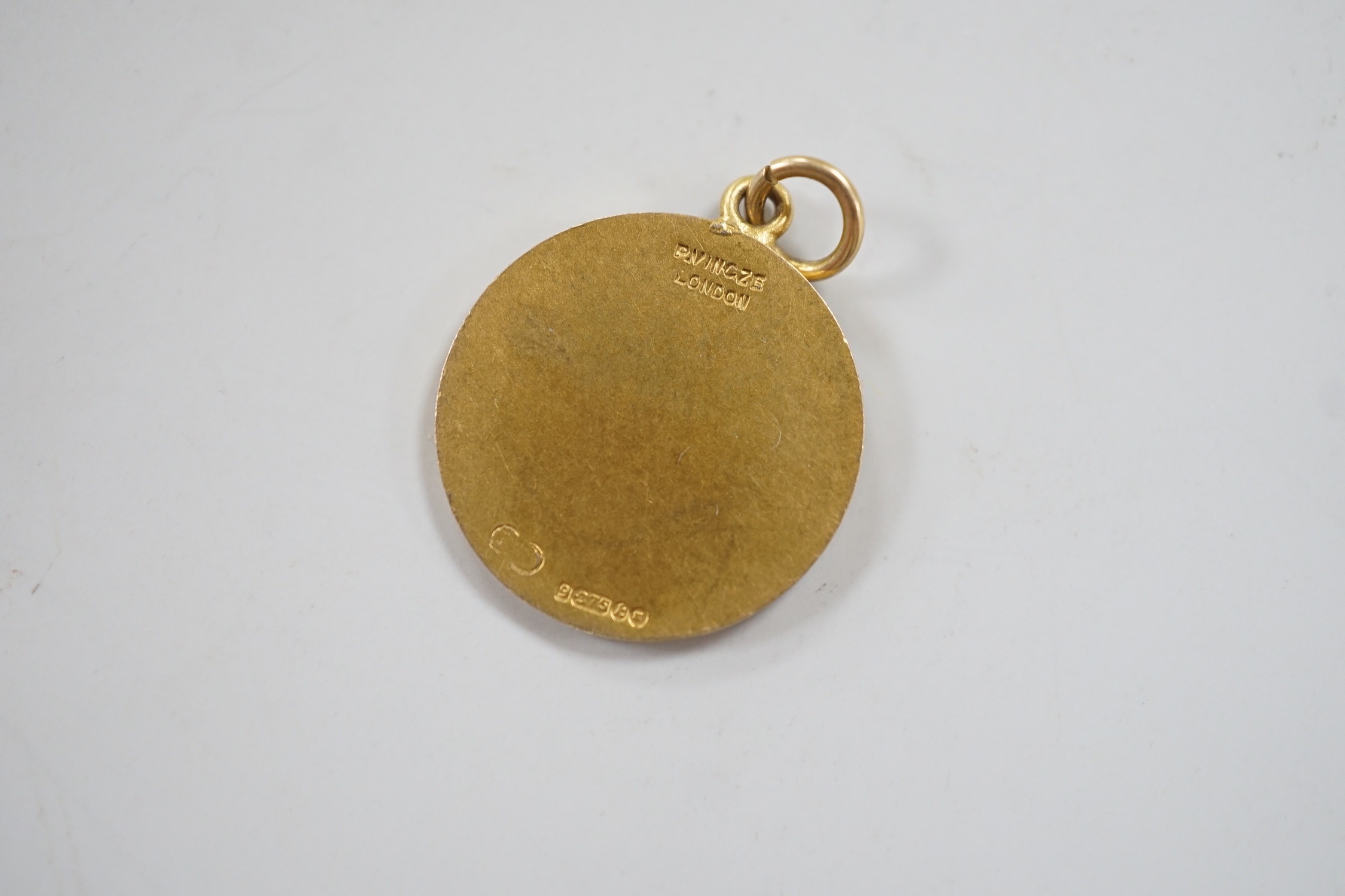 A 1960's 9ct gold St Christopher pendant, by P. Vincze, 17mm, 2.3 grams, stamped verso. - Image 2 of 2