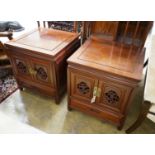 A pair of Chinese carved padouk bedside cabinets, width 51cm, depth 51cm, height 56cm