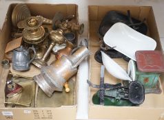 A selection of brass wares, to include an Art Nouveau style ink stand, a Parkins & Gotts postal