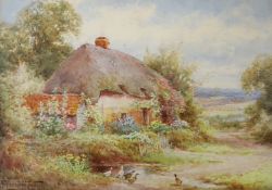 Henry John Sylvester Stannard (1870-1951), watercolour, Ducks beside a cottage, signed, 24 x 34cm