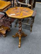 A Victorian octagonal parquetry specimen wood tripod wine table, width 45cm, height 71cm