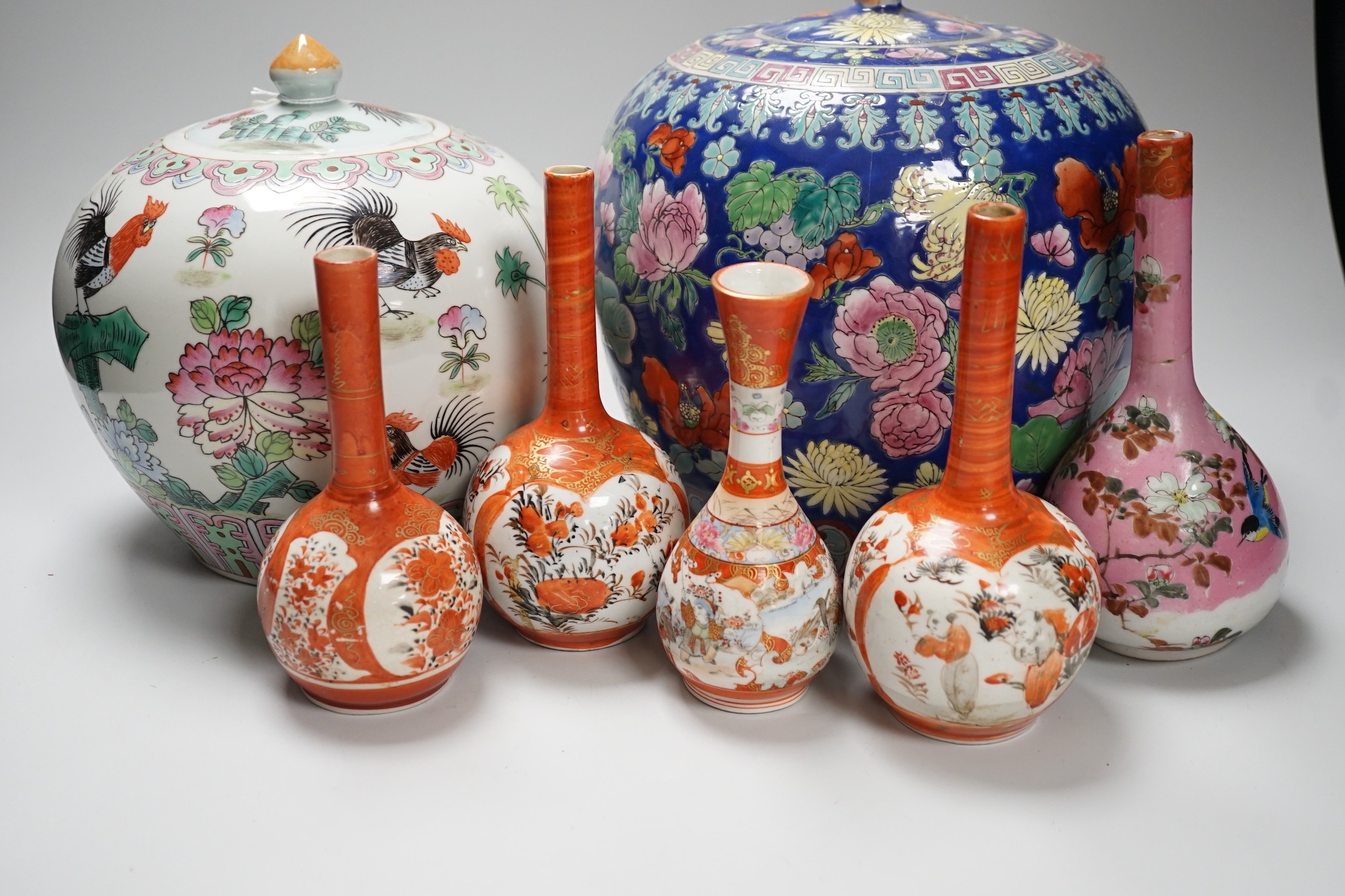 6 Japanese Kutani porcelain bottle vases together with two Chinese famille rose jars and covers, - Image 3 of 7